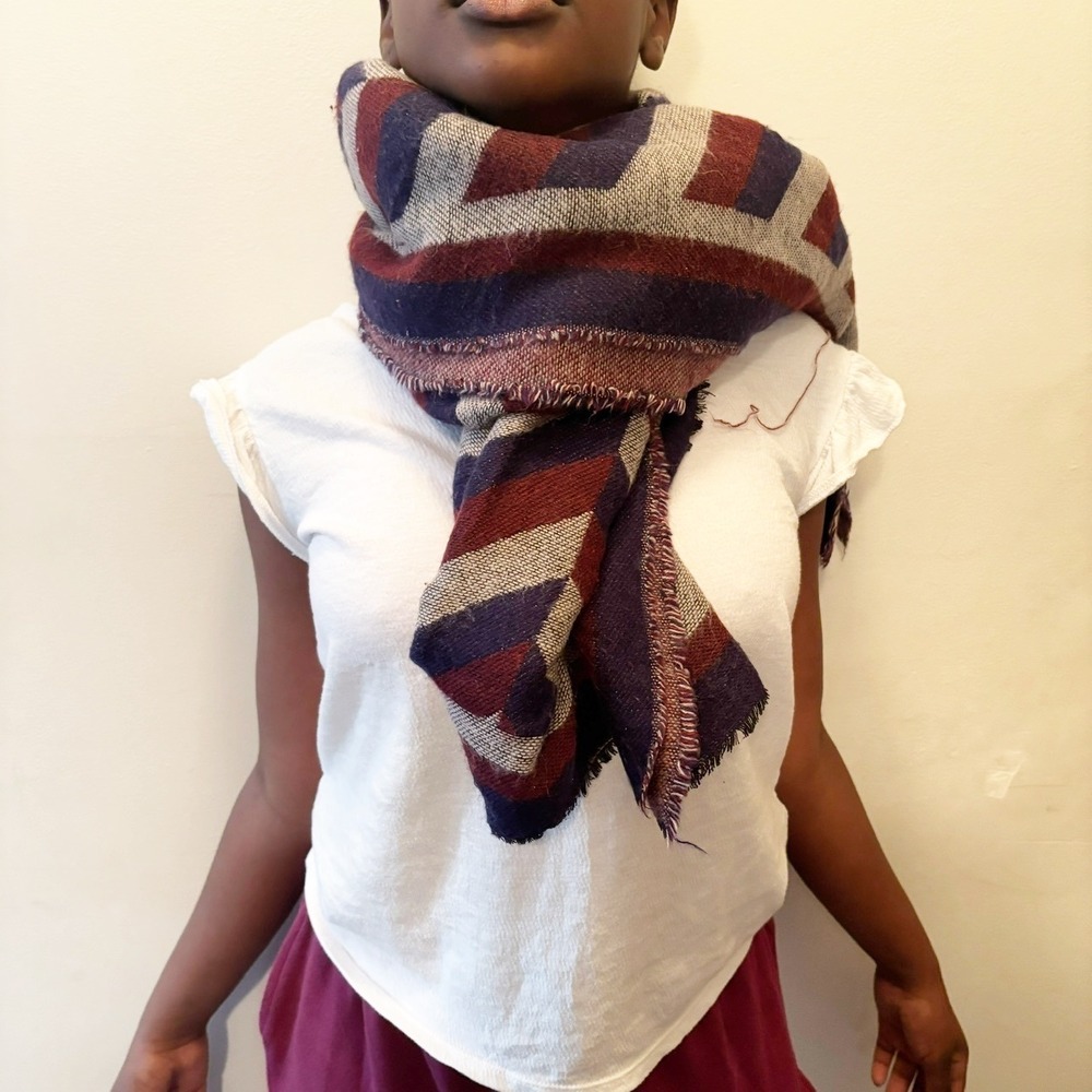Burgundy Navy Blue Cream Chevron Herringbone Oversized Blanket Scarf Wrap Frayed
